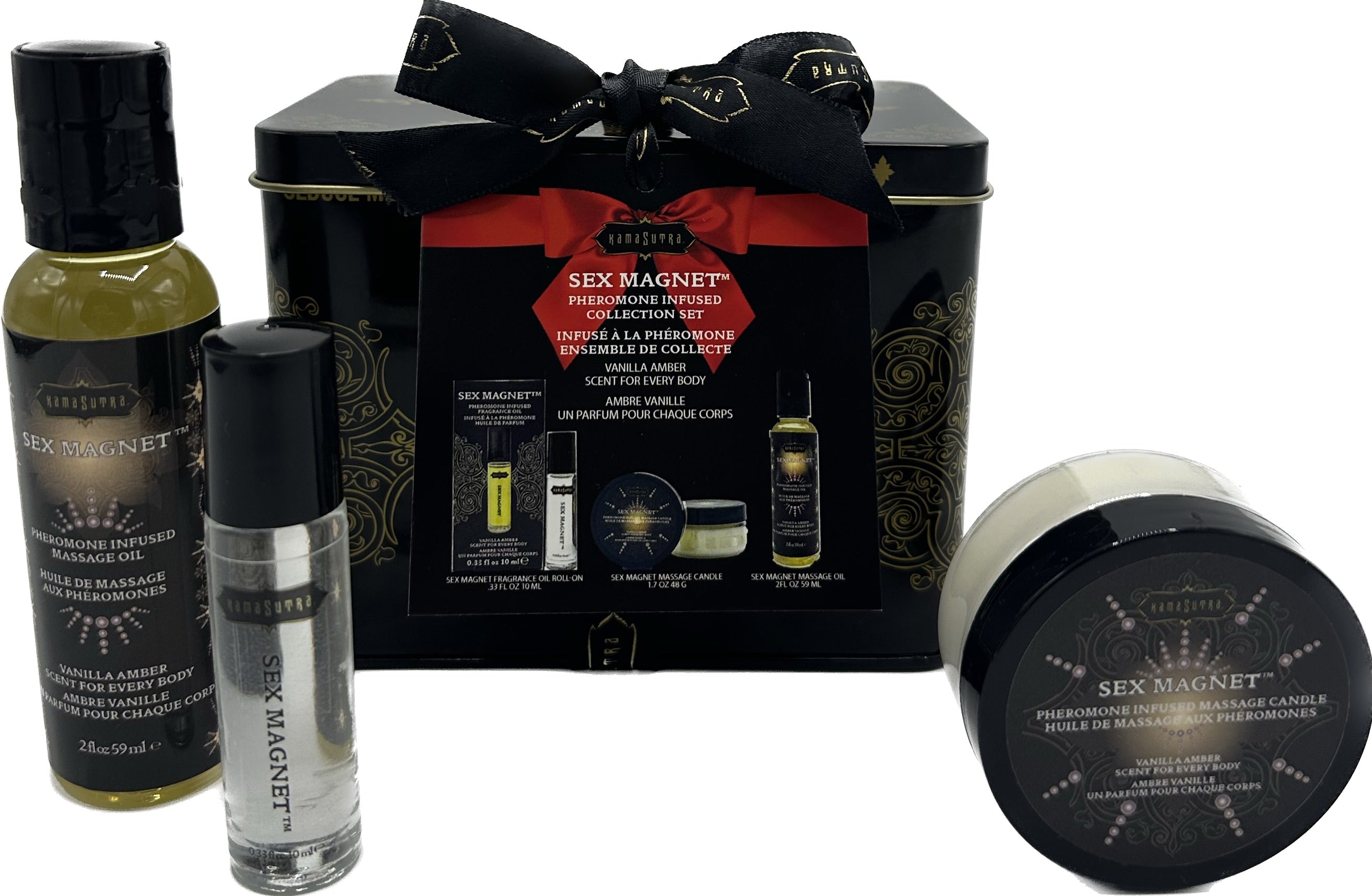 Sex Magnet Pheromone Vanilla Amber Gift Set Includes: Roll On Fragrance, Massage Oil, Massage Candle