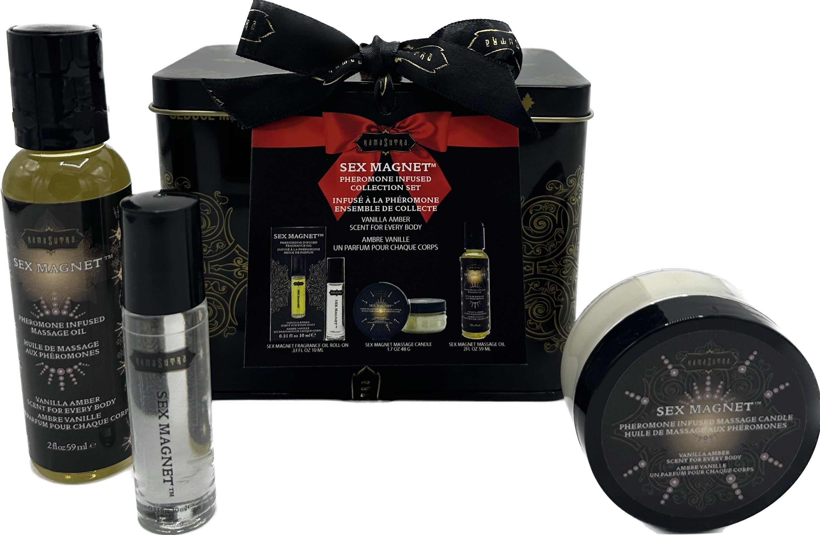 Sex Magnet Pheromone Vanilla Amber Gift Set Includes:  Roll On Fragrance, Massage Oil,  Massage Candle