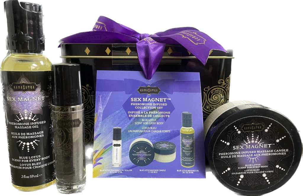 Sex Magnet Pheromone BLUE LOTUS Gift Set Includes   Roll On Fragrance, Massage Oil,  Massage Candle